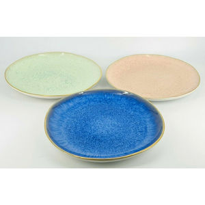 3 Anthropologie Plate Perasima 8 3/4" Blue Pink & Mint Green Gold Trim